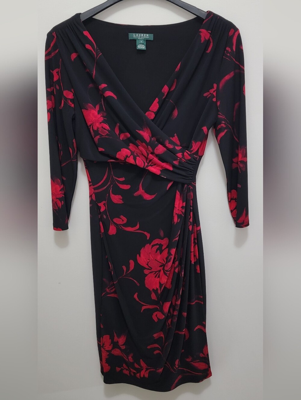 Ralph Lauren Sheath Dress Red Black Floral print. Faux Wrap Gathered Waist Sz 6